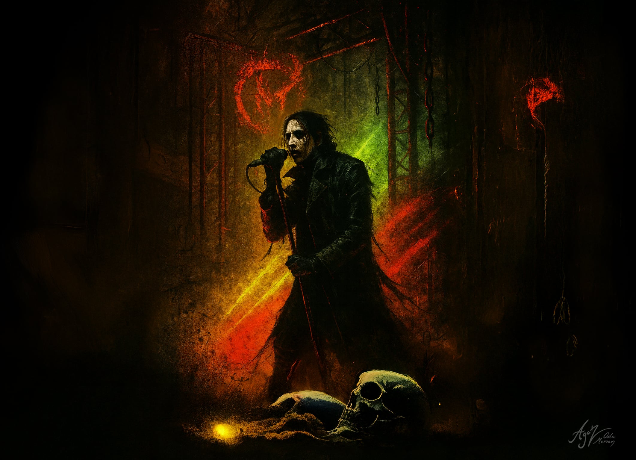 The image illustrates an artistically vibrant and dark portrayal of Marilyn Manson set against a surreal background. Manson, clad in a long, shadowy coat, grips a microphone, symbolizing his commanding stage presence. The scene is enshrouded in mystique, with ethereal red, green, and orange hues illuminating the shadows. At his feet lies a glowing skull, further enhancing the gothic atmosphere, while enigmatic symbols burn with a fiery red in the backdrop. This artwork captures the essence of Manson's avant-garde artistry and his influential presence in the world of music and performance.